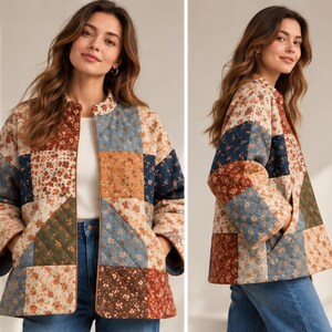 May include: A quilted jacket featuring a patchwork design of various floral patterns in shades of blue, brown, cream, and olive green. The jacket has a stand-up collar, long sleeves, and a front opening with visible brown trim along the edges.
