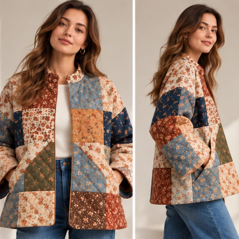 May include: A quilted jacket featuring a patchwork design of various floral patterns in shades of blue, brown, cream, and olive green. The jacket has a stand-up collar, long sleeves, and a front opening with visible brown trim along the edges.