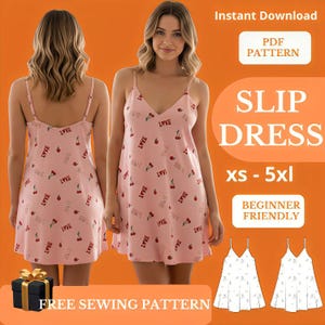 Peut inclure: Une robe nuisette rose à col en V et fines bretelles, ornée de cerises et du mot "LOVE". L'image comprend également le texte "Téléchargement instantané", "PDF Pattern", "SLIP DRESS", "xs - 5xl", "BEGINNER FRIENDLY" et "FREE SEWING PATTERN".