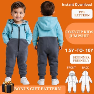 May include: A two-tone kids jumpsuit featuring a light blue upper section with a hood and a dark gray lower section. The garment includes a front zipper closure, long sleeves with cuffs, and a matching line drawing illustration of the front and back.
