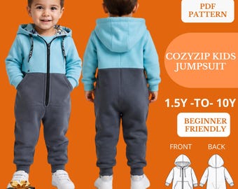 Kids Hooded Jumpsuit Sewing Pattern, Zip Front One Piece, Toddler Coverall , Cozy Fleece Romper
