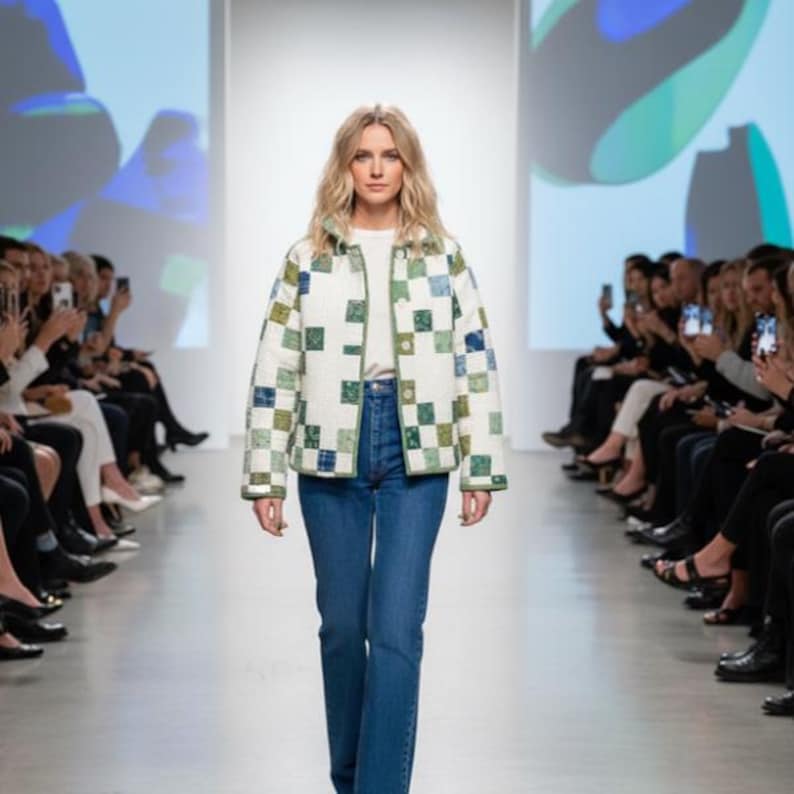 May include: A woman wearing a quilted jacket with a square pattern in shades of green and blue, paired with blue jeans and a white top. The jacket has a green trim. The model is walking on a runway with an audience on either side.