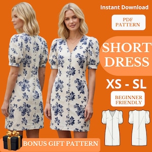 Puede incluir: Patrón de vestido corto con diseño floral en azul y blanco. El patrón está disponible en tallas XS a SL y es apto para principiantes. La imagen también incluye el texto "Descarga instantánea" y "Patrón PDF".