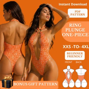 May include: An orange one-piece swimsuit with a white circular pattern, featuring a deep plunge neckline and a gold ring detail at the center. The text reads Instant Download, PDF PATTERN, RING PLUNGE ONE-PIECE, XXS-TO-4XL, BEGINNER FRIENDLY.