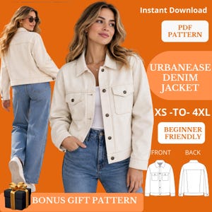 Op de afbeelding: Een PDF-patroon voor een Urbanease spijkerjas in de maten XS tot 4XL. De afbeelding toont een crèmekleurig spijkerjasje met een kraag, knoopsluiting aan de voorzijde en twee borstzakken. Inclusief lijntekeningen van de voor- en achterkant.