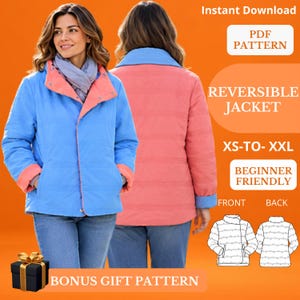 May include: A reversible jacket featuring a bright blue side and a coral pink side with a high collar and snap closures. The image includes text: Instant Download, PDF PATTERN, REVERSIBLE JACKET, XS-TO-XXL, BEGINNER FRIENDLY, BONUS GIFT PATTERN.