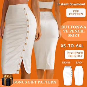 Pode incluir: Uma saia lápis branca com cintura alta e uma fila vertical de botões dourados na parte frontal. A saia tem uma fenda lateral e um corte justo. O texto na imagem diz: Instant Download, PDF PATTERN, BUTTONWAVE PENCIL SKIRT, XS-TO-6XL, BEGINNER FRIENDLY, FRONT, BACK, BONUS GIFT PATTERN.
