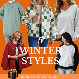 May include: An orange background showcases five winter clothing styles. These include a green hoodie, a quilted jacket with green and blue squares, a white V-neck sweater, a red cape, and a black and white baseball-style sweatshirt. The text "5 WINTER STYLES" is in the centre.