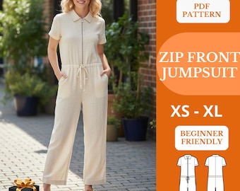 Cartamodello PDF per tuta intera con cerniera frontale / Tuta da lavoro con coulisse in vita / Tuta corta in lino