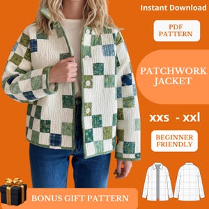 Może przedstawiać: Kurtka patchwork z białym tłem i zielonymi i niebieskimi kwadratami. Kurtka ma zapięcie na guziki i jest pokazana z tekstem "PATCHWORK JACKET" i "xxs - xxl". Obraz zawiera również tekst "Instant Download", "PDF PATTERN" i "BEGINNER FRIENDLY".