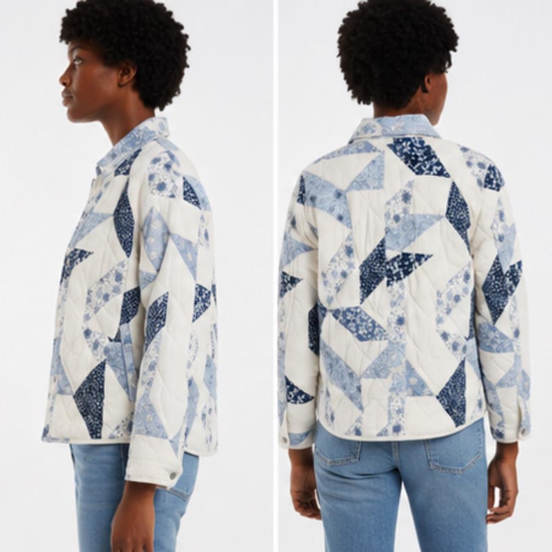 May include: A quilted jacket featuring a patchwork design of various blue and white floral and geometric patterns. The jacket has a collared neckline, long sleeves with buttoned cuffs, and a straight hemline, showcasing both side and back views.