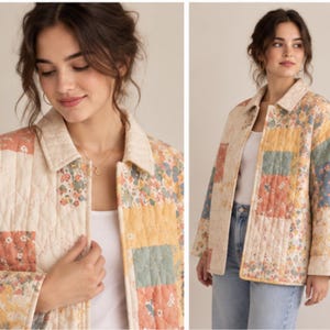 May include: A quilted jacket featuring a patchwork design with various floral patterns in muted tones of cream, yellow, sage green, and soft orange. The garment has a classic collar, long sleeves, and a button-down front, constructed with a diamond-stitched texture throughout the fabric.