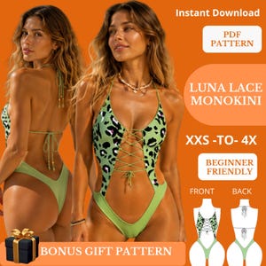 May include: A digital PDF pattern for a Luna Lace Monokini, featuring a green leopard print fabric with a lace-up front detail. The design includes a high-cut leg and thin straps. Text includes Instant Download, XXS-TO-4X, and Beginner Friendly.