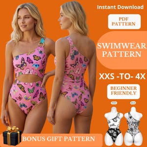 May include: A one-piece swimsuit sewing pattern featuring a pink fabric with a colorful butterfly print. The design includes a single shoulder strap with a ring detail and a cutout at the waist. Text includes Instant Download, PDF Pattern, and XXS-TO-4X.