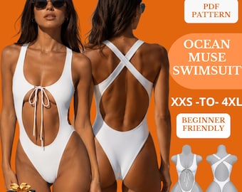 Patrón de traje de baño de una pieza, patrón de costura de monokini con espalda cruzada, traje de baño sexy con aberturas, XS-4XL