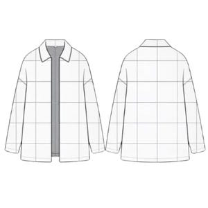 May include: A white long-sleeve jacket featuring a black grid pattern, shown from both the front and back views. The garment has a classic collar, a straight hemline, and long sleeves with dropped shoulders, presented as a flat technical sketch.