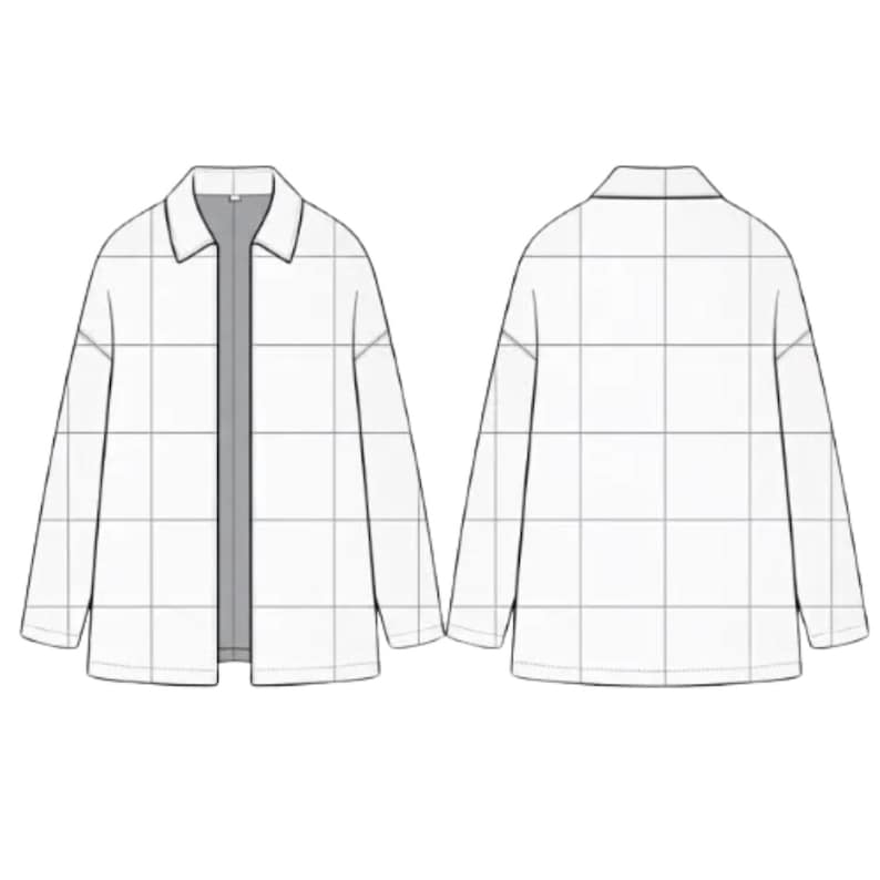 May include: A white long-sleeve jacket featuring a black grid pattern, shown from both the front and back views. The garment has a classic collar, a straight hemline, and long sleeves with dropped shoulders, presented as a flat technical sketch.