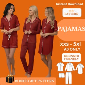 Könnte beinhalten: Drei Frauen präsentieren bordeauxfarbene Pyjamas mit weißen Verzierungen. Das Bild zeigt verschiedene Pyjama-Stile: Shorts-Set, lange Hose und Nachthemd. Der Text auf dem Bild lautet "PAJAMAS", "xxs - 5xl" und "BEGINNER FRIENDLY".