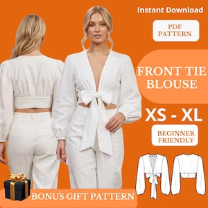 May include: White front tie blouse sewing pattern. The blouse features long sleeves and a bow tie closure. The image includes the text "Instant Download", "PDF Pattern", "Front Tie Blouse", "XS - XL", and "Beginner Friendly".