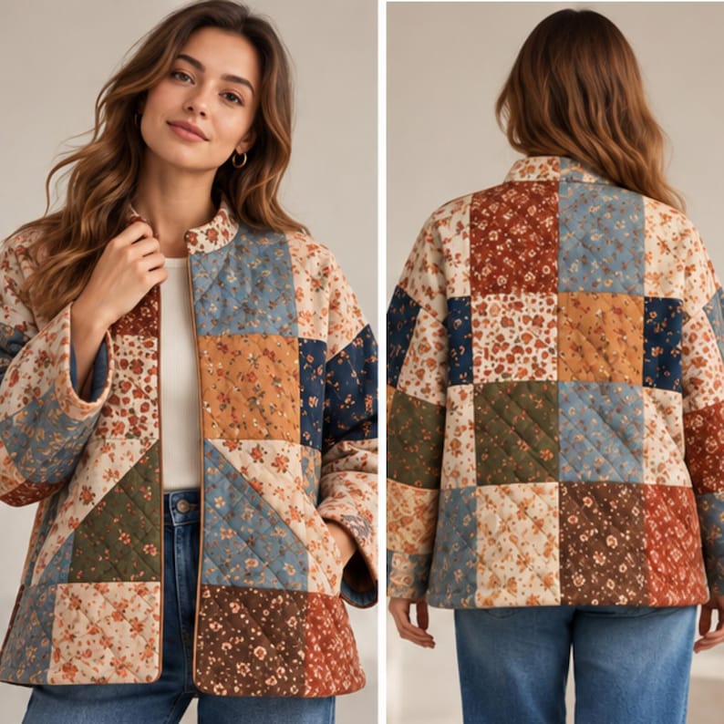 May include: A quilted jacket featuring a patchwork design of various floral patterns in shades of blue, brown, cream, and green. The jacket has a stand-up collar, long sleeves, and a front zipper closure with brown trim along the edges.