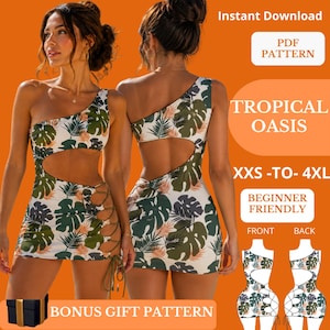 May include: A one-shoulder mini dress featuring a white base with a green and orange tropical leaf pattern. The dress includes a side cutout and lace-up detailing with thin ties. Text on the image reads: Instant Download, PDF PATTERN, TROPICAL OASIS, XXS-TO-4XL, BEGINNER FRIENDLY, FRONT, BACK, BONUS GIFT PATTERN.
