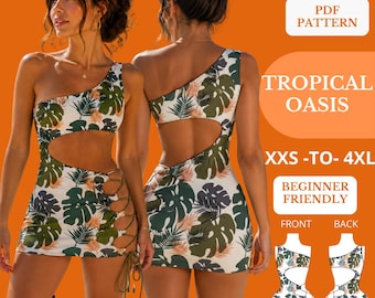 One Shoulder Monokini Sewing Pattern PDF, Cut Out Swimsuit Pattern, Lace Up Side Swimwear