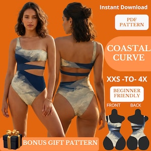 Puede incluir: Un bañador de una pieza con escote asimétrico de un solo hombro y aberturas en la cintura. La prenda presenta un patrón abstracto azul y beige. El texto incluye Instant Download, PDF PATTERN, COASTAL CURVE, XXS-TO-4X, BEGINNER FRIENDLY, FRONT, BACK y BONUS GIFT PATTERN.