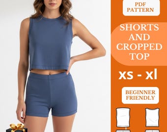 Modello di cucito per canotta corta e pantaloncini da ciclista in PDF, set da 2 pezzi in maglia elasticizzata, per principianti, taglie XS-XL