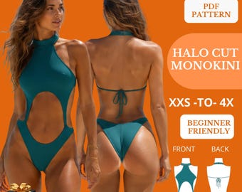 Halo Cut Monokini Sewing Pattern, One Piece Swimsuit PDF, Halter Bathing Suit Pattern, XXS-4X