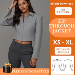Zip-Through Cropped Jacket Sewing Pattern (PDF) – Fully Lined, Structured Fit – Sizes XS–XL