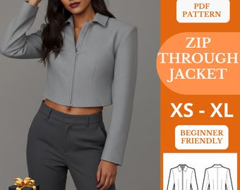 Modello di cucito per giacca corta con cerniera (PDF) – Completamente foderata, vestibilità strutturata – Taglie XS–XL