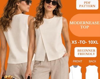 Modern Ease Top Sewing Pattern PDF, Sleeveless Blouse, Asymmetric Front, US 4-30