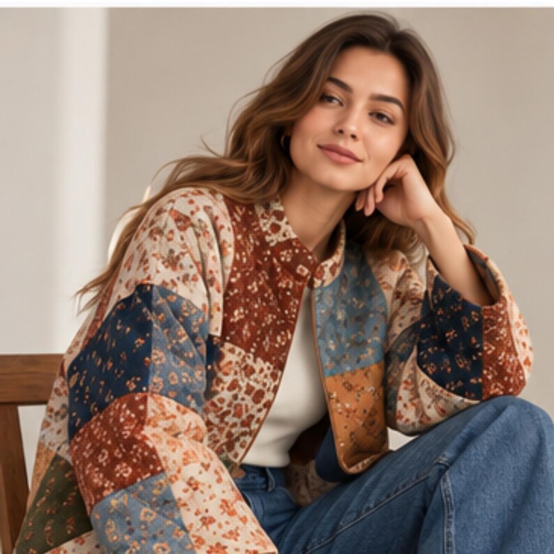 May include: A quilted patchwork jacket featuring a variety of square fabric panels in shades of rust, navy blue, cream, and olive green, each decorated with small floral patterns. The jacket has a round neckline and long sleeves, worn over a white top.