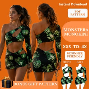Puede incluir: Un patrón de costura PDF digital para un monokini de una manga y un hombro con estampado de hojas de monstera. El texto incluye Instant Download, PDF Pattern, Monstera Monokini, XXS-TO-4X, Beginner Friendly, Front, Back y Bonus Gift Pattern.