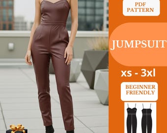 Cartamodello per tute da cucire in formato PDF XS–XXXL / Salopette a gamba larga / Pantaloni palazzo / Tuta intera da donna / Senza maniche