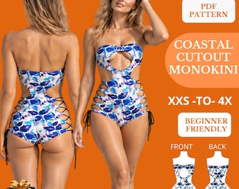 Cutout Monokini Sewing Pattern , Lace Up One Piece Swimsuit Pattern, DIY Bathing Suit