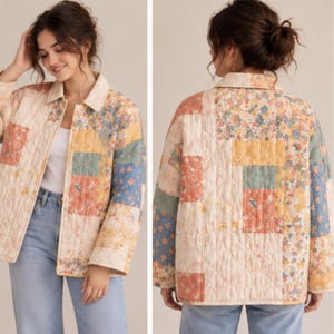 May include: A quilted jacket featuring a patchwork design with various floral patterns in muted shades of yellow, blue, pink, and green. The jacket has a classic collar, long sleeves, and a button-front closure, showcasing a consistent diamond-stitched texture throughout the entire garment.