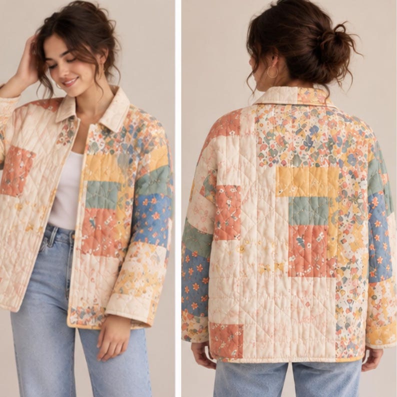 May include: A quilted jacket featuring a patchwork design with various floral patterns in muted shades of yellow, blue, pink, and green. The jacket has a classic collar, long sleeves, and a button-front closure, showcasing a consistent diamond-stitched texture throughout the entire garment.