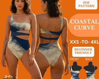 Patrón de costura en PDF para traje de baño de un solo hombro, traje de baño de una pieza, bikini para mujer XS-4XL