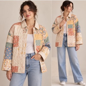 May include: A quilted jacket featuring a patchwork design with various floral patterns in shades of cream, yellow, blue, and pink. The jacket has a collared neckline, long sleeves, and a button-front closure, paired with light blue denim jeans.