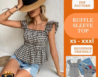 Cartamodello per crop top; modello con maniche a volant in formato PDF; taglie XL-3XL; camicetta per sari