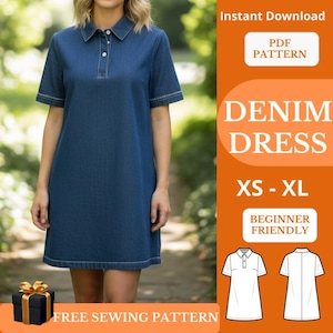 Könnte beinhalten: Ein blaues Jeanskleid mit Kragen und kurzen Ärmeln. Das Kleid hat weiße Nähte und ist mit "DENIM DRESS" und den Größen XS-XL beschriftet. Das Bild enthält auch den Text "FREE SEWING PATTERN" und "BEGINNER FRIENDLY".