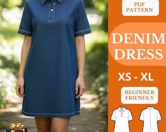 Cartamodello per abito polo in denim / Abito estivo a trapezio / Colletto con abbottonatura frontale / XS–XL