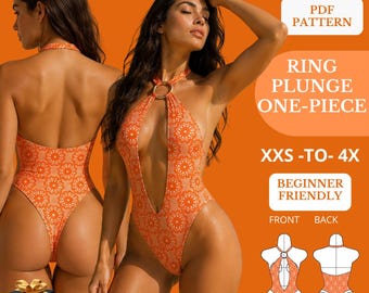 One Piece Swimsuit Sewing Pattern PDF, Open Front Monokini, Brazilian Cut Swimwear Pattern, XXS-4XL