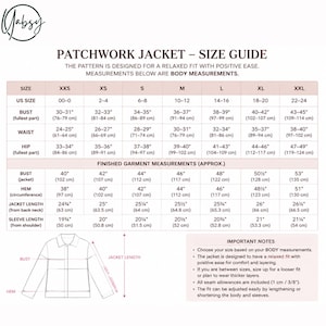 May include: A size guide chart for a patchwork jacket, featuring a table with body and finished garment measurements in inches and centimeters. It includes a line drawing of a jacket with labels for bust, hem, and length, plus important notes.