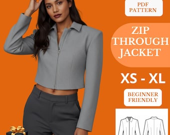 Zip-Through Cropped Jacket Sewing Pattern (PDF) – Fully Lined, Structured Fit – Sizes XS–XL