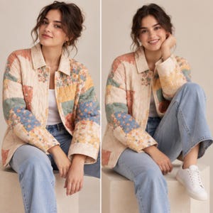 May include: A quilted jacket featuring a patchwork design with various floral patterns in muted shades of blue, yellow, pink, and cream. The jacket has a classic collar, long sleeves, and a button-front closure, worn over a white top and light blue jeans.