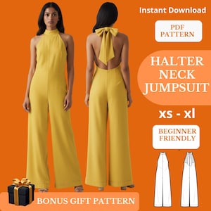 Pode incluir: Um macacão amarelo com gola halter e pernas largas, mostrado de frente e de costas. O macacão tem um laço nas costas e um decote alto. O texto na imagem diz "Download instantâneo", "PDF Pattern", "Halter Neck Jumpsuit", "XS - XL" e "Beginner Friendly".
