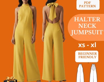 Patrón de costura en PDF para mono con cuello halter y espalda descubierta, mono de pierna ancha para tallas XS-XL