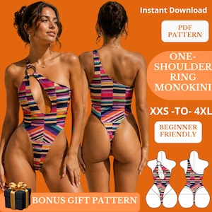 Puede incluir: Un monokini de un solo hombro con un patrón de rayas horizontales multicolor y un detalle de anillo circular en el hombro. El diseño incluye una abertura en la parte delantera. Texto en la imagen: Instant Download, PDF PATTERN, ONE-SHOULDER RING MONOKINI, XXS-TO-4XL, BEGINNER FRIENDLY, BONUS GIFT PATTERN.